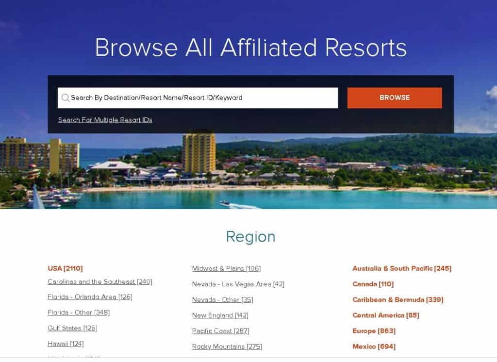 Homepage of RCI Resort Directory