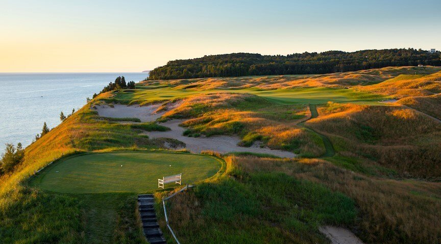 Aerial view of Arcadia Bluffs Golf Club located in Arcadia, Michigan